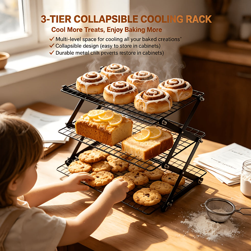 Foldable Cooling Rack 3-Layer Metal Wire Baking & Grilling Rack – Stackable Cake Cooling Tray for Baking, Roasting, Outdoor Picnic & Camping Grill