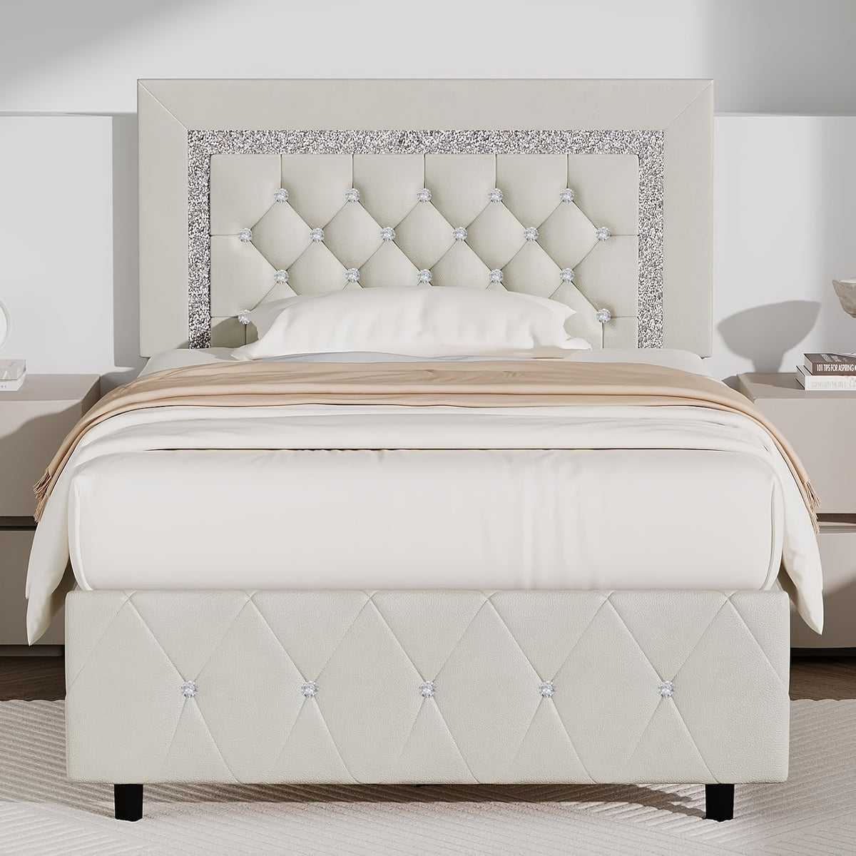 Upholstered Bed Frame with Diamond Tufted Headboard & Footboard – Faux Leather, Wooden Slats, No Box Spring Needed | Twin Full Queen King