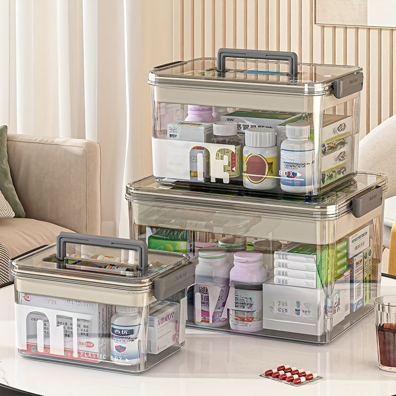 Large Capacity Pill Organizer Box with Easy-Grip Handles – Multi-Layer Plastic Medicine Storage Container for Home, Travel & Office, Secure Space-Saving Household Sundries Organizer