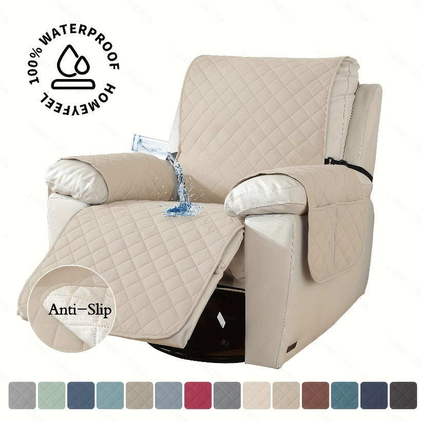 Recliner Chair Cover Waterproof Non-Slip, Oversized Recliner Slipcover with Side Pocket & Elastic Straps, Washable Furniture Protector for Dogs & Pets, Warm Cozy Chair Cover, 1 Piece