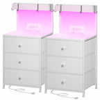 Tall Nightstand with Charging Station LED Lights 3 Fabric Drawers Shelves USB Ports Outlets Oversized Tabletop 4 Hooks Bedside Table for Bedroom Storage