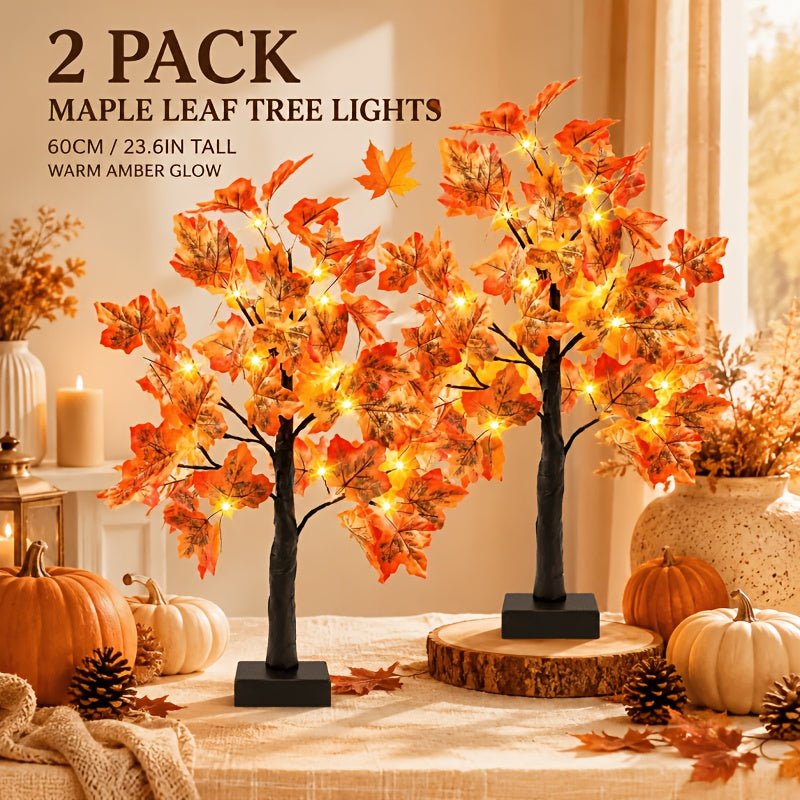 Fall Maple Leaf Tree Table Lamps 2-Pack 21 Inch Battery Powered 24 LED Warm Light Artificial Autumn Tree Lights for Thanksgiving Halloween Indoor Home Decor