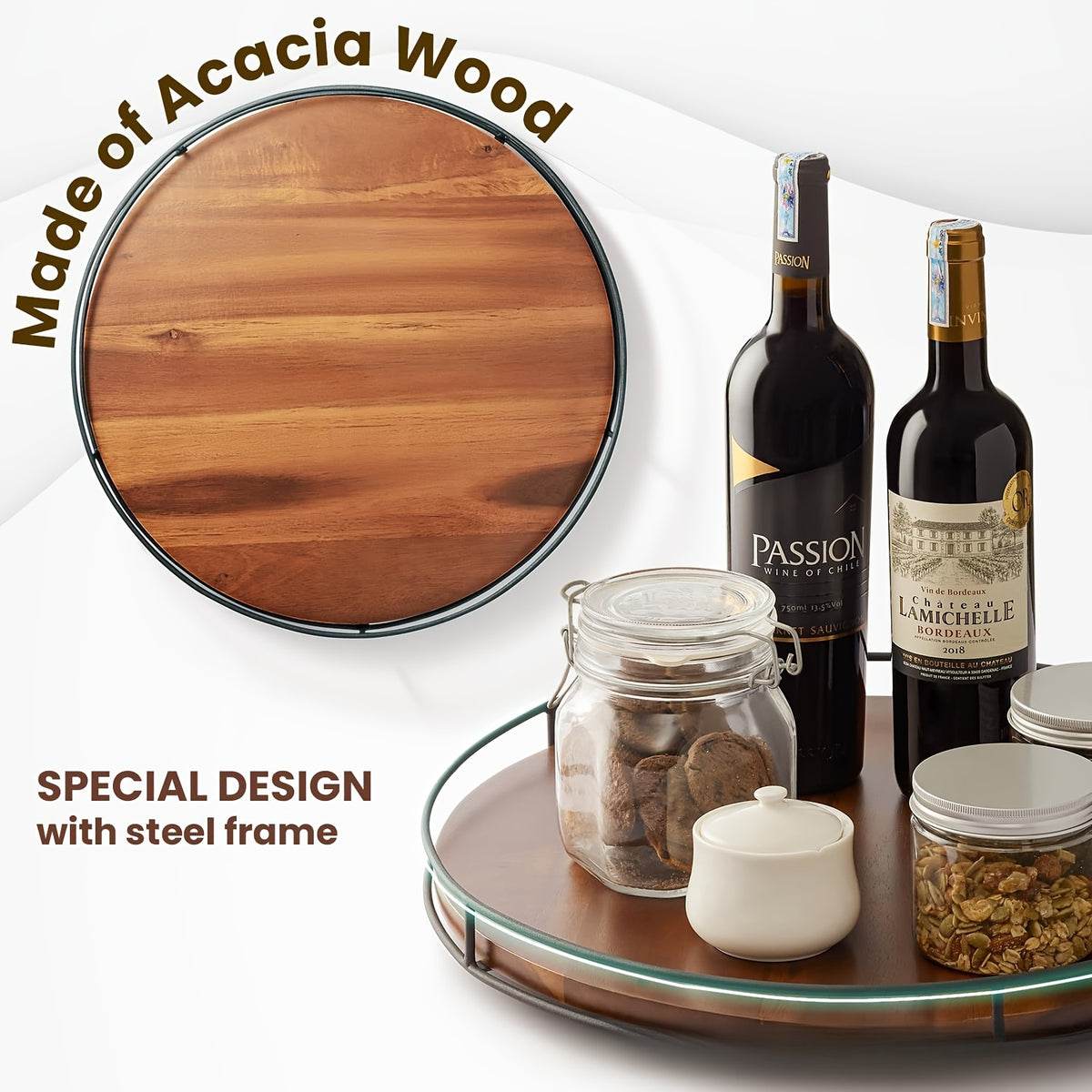 Lazy Susan Turntable 9 Inch Set of 2 - Rustic Brown Wood with Steel Frame, 360° Rotating Organizer for Kitchen Countertop, Cabinet, Dining Table Centerpiece, Spice Rack & Pantry Storage