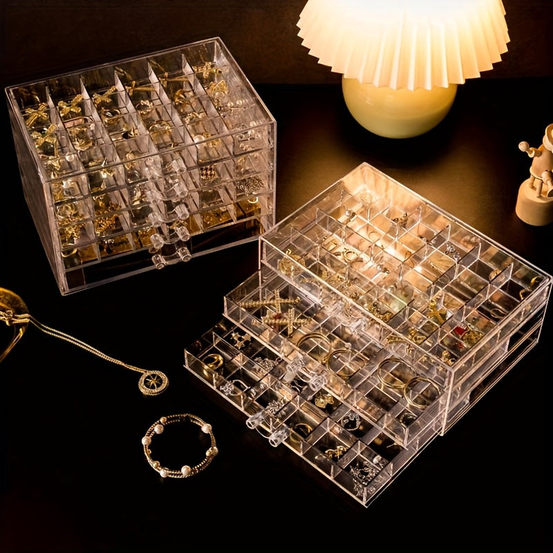 Acrylic Jewelry Storage Box 72/120 Slots Layered Organizer – Large Capacity Display Case for Earrings, Necklaces, Bracelets, Rings & Watches – Clear Stackable Jewelry Organizer Box for Women