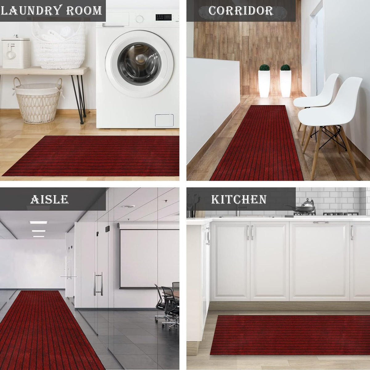 Runner Rug for Hallway Entryway Kitchen – Indoor Outdoor Non-Slip Rubber Backing, 200+ Custom Sizes, 8 Colors, Stain Resistant Low Pile Carpet Runner