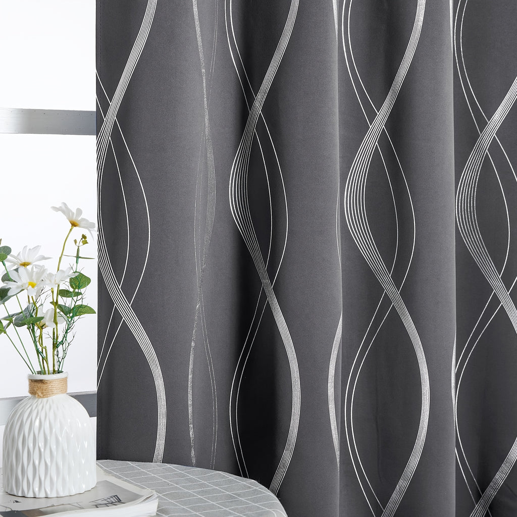 Blackout Curtains 2 Panels Set Grommet Top Thermal Insulated – Noise Reducing Wave Foil Print Drapes Bedroom Living Room Patio Sliding Door