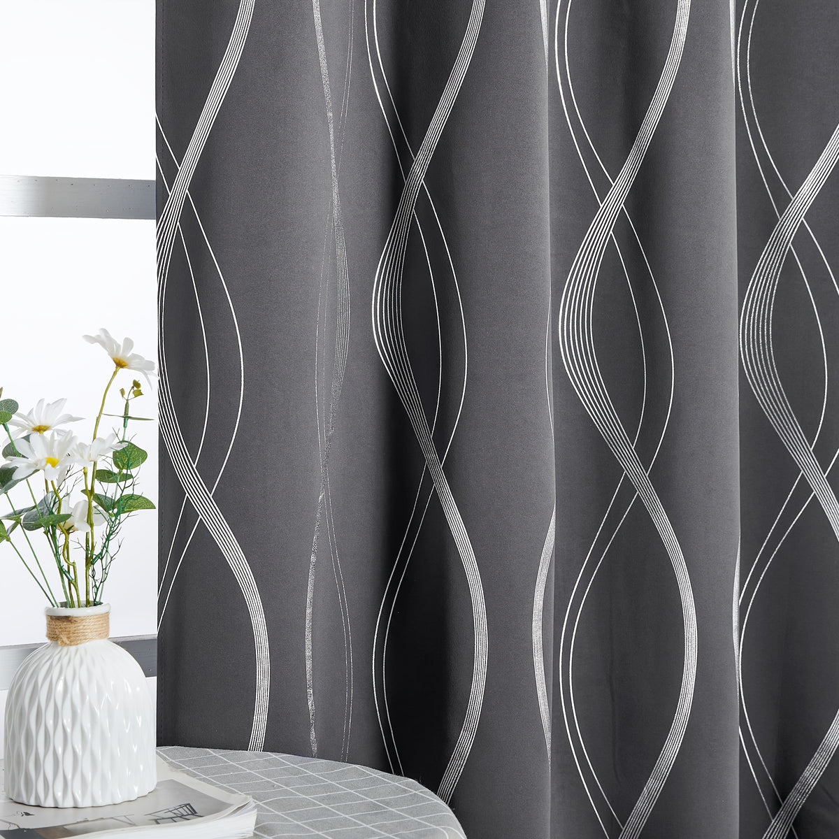 Blackout Curtains 2 Panels Set Grommet Top Thermal Insulated – Noise Reducing Wave Foil Print Drapes Bedroom Living Room Patio Sliding Door
