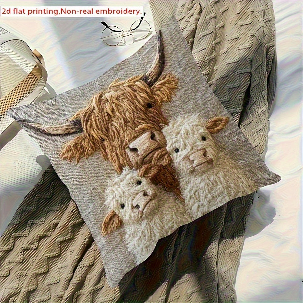 Highland Cow Family Farmhouse Decorative Pillow Cover 18x18 Inch – Soft Polyester Woven Print Cushion Cover with Zipper, Machine Washable, Country Cow Home Decor for Sofa Bed Living Room