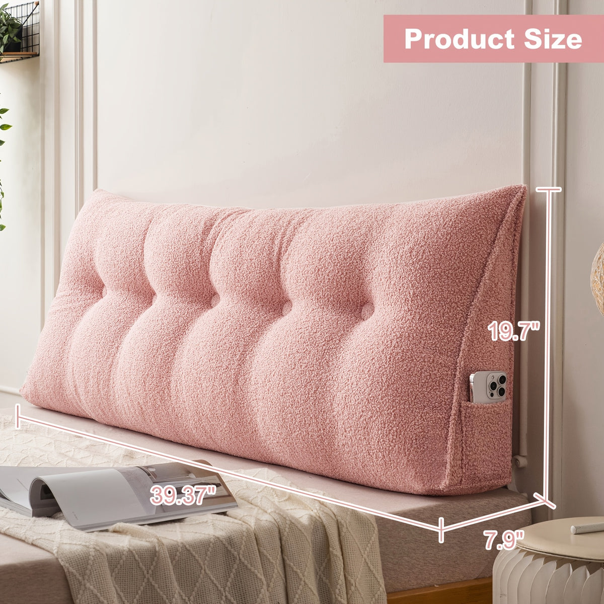 Wedge Headboard Pillow with Side Pocket Triangular Bed Reading Backrest Bolster, Teddy Velvet Removable Washable Cover Bed Gap Filler for Twin Queen King, 7 Colors