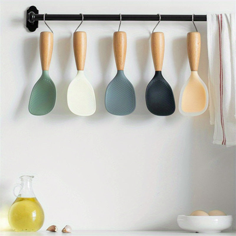 Silicone Rice Spoon with Wooden Handle 2 Pack Heat Resistant Standing Serving Spatula for Nonstick Pans Rice Cooker Grains Potato Orange White Green Gray Black