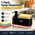 Kitchen Soap Dispenser with 2 Sponges & Dish Brush Holder | BPA-Free Refillable Transparent Pump Dispenser for Sink | Compact Square Design | Black or White