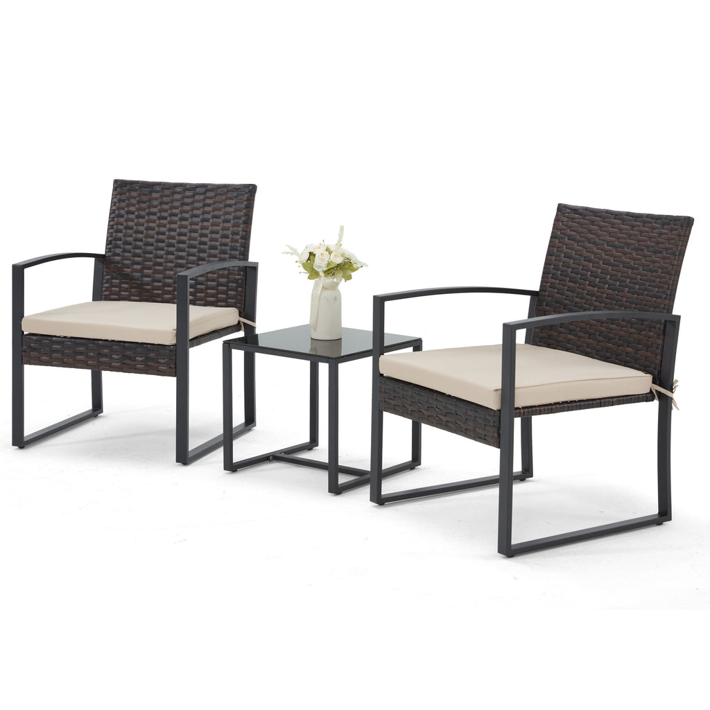 Rattan Bistro Set 3 Piece Outdoor Furniture with Coffee Table Steel Frame Cushions Garden Balcony Poolside Backyard Black Brown Gray