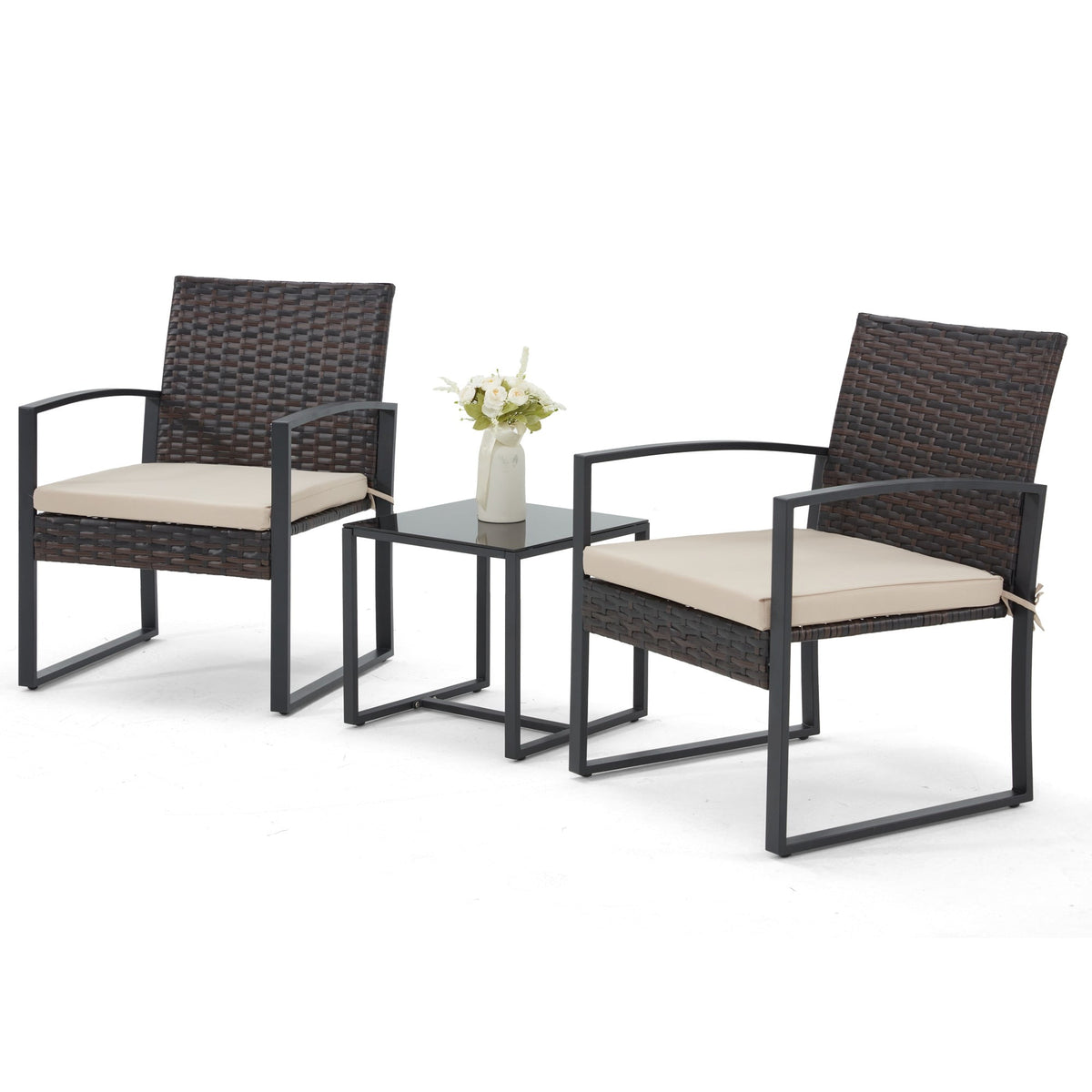 Rattan Bistro Set 3 Piece Outdoor Furniture with Coffee Table Steel Frame Cushions Garden Balcony Poolside Backyard Black Brown Gray