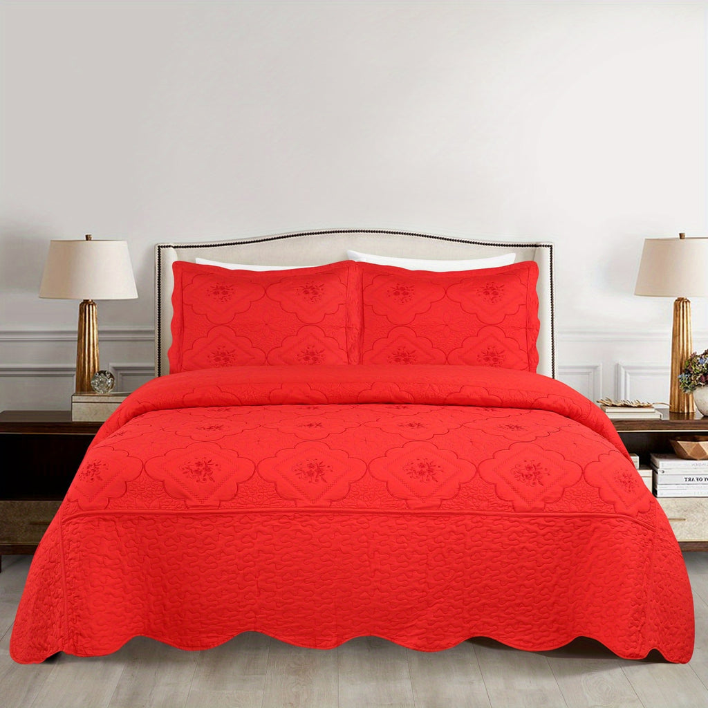 Quilted Embroidered Bedspread Set 3 Pcs – Floral Embroidery, 100% Polyester, Wrinkle-Resistant Lightweight Coverlet for Queen & King Bedroom Decor, 16 Colors