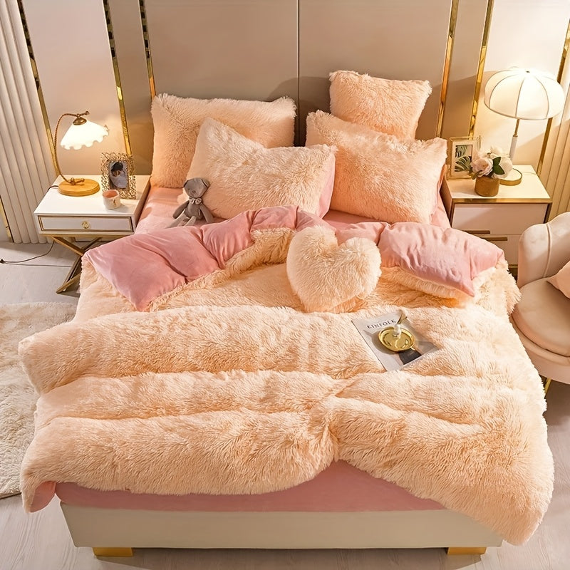 Plush Faux Fur Duvet Cover Set for Kids & Teens, 3/4 Pcs with Pillowcases & Heart Pillow, Super Soft Warm Faux Fur Comforter Cover, Machine Washable Lodge Style Bedding, Twin Queen King