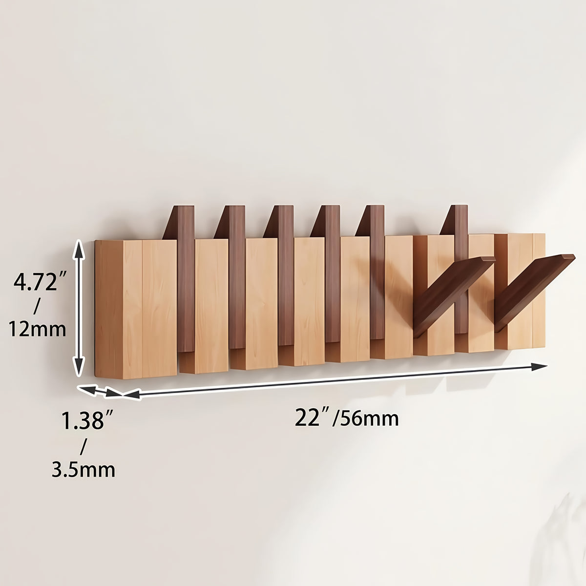 Wall-Mounted Coat Rack Natural Wood – Accordion Hook Rack for Entryway, 4/6/8/10 Hooks, Walnut & Beech Finish, Space-Saving Coat Hanger for Bedroom, Bathroom, Hallway
