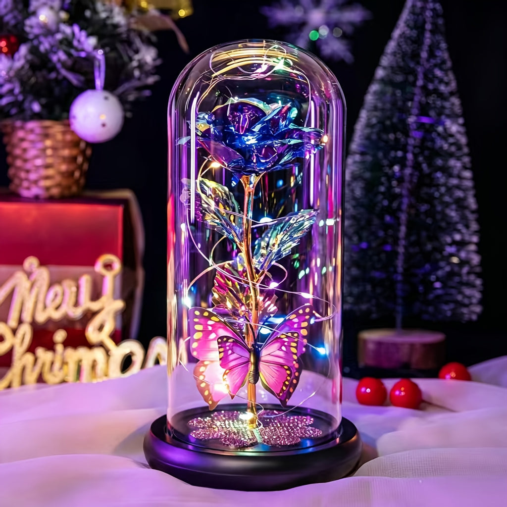 Galaxy Glass Rose Dome Eternal Crystal Flower with Butterfly LED Glow Night Light Gift for Mom Wife Sister Daughter Mother's Day Birthday Valentine's Day Purple