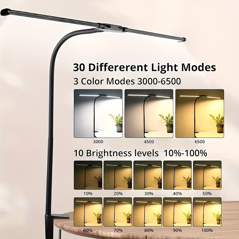 Dual Head LED Desk Lamp Touch Dimmable Gooseneck with Clip & Base USB 13W 3 Color Modes 10 Brightness Levels for Home Office Study Gaming