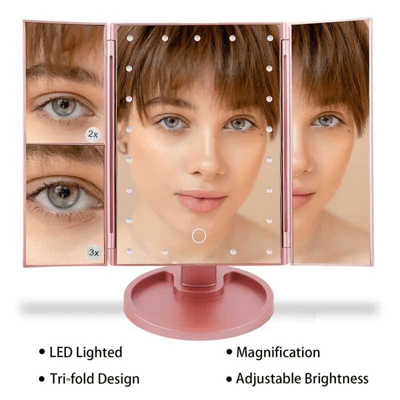 LED Vanity Makeup Mirror Tri-Fold Touch Screen, 1X 2X 3X 10X Magnification, Adjustable Base, USB Powered Lighted Mirror for Desk & Travel – White, Black & Rose Gold