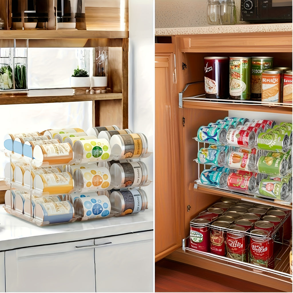 Can Organizer Rack for Fridge & Pantry 3-Tier Stackable Rolling Soda Can Dispenser Clear Plastic Space-Saving Canned Food Storage — 1 or 3 Sets
