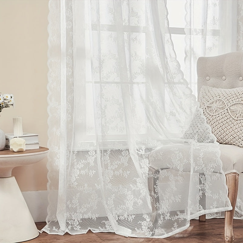 Boho Floral Lace Curtain Panels Set of 2 – Semi-Sheer Light Filtering, Rod Pocket, Pastoral Vintage Style for Bedroom Living Room Kitchen, 6 Sizes 4 Colors