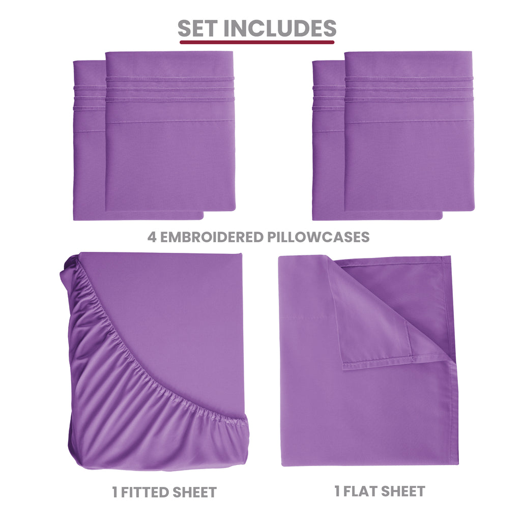 Brushed Microfiber Bed Sheet Set 6 Piece with Embroidered Pillowcases - Hotel Luxury Deep Pocket 16 Inch, Soft Breathable All Season, 24 Colors, Twin Twin XL Full Queen King Cal King