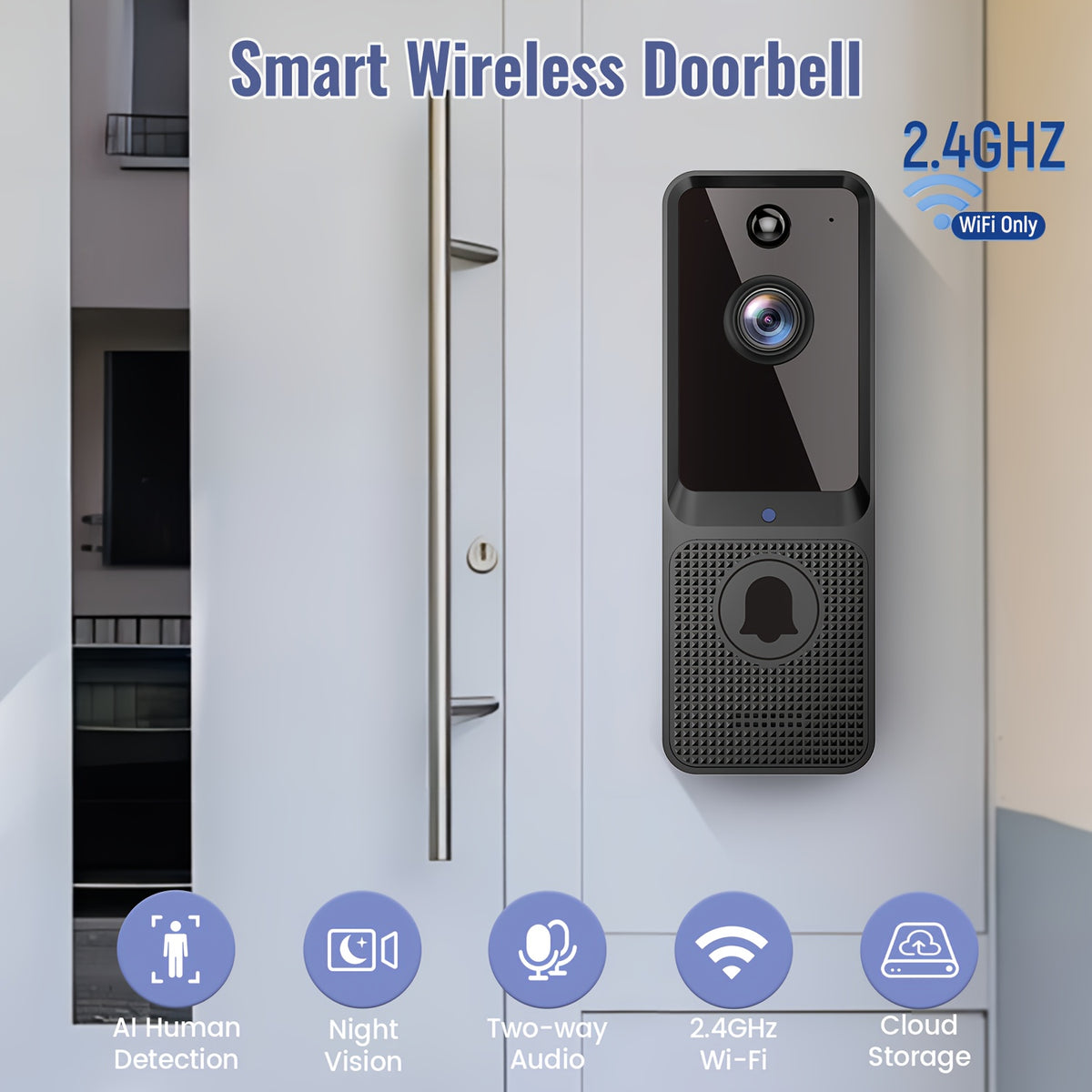 2K Smart Video Doorbell Camera – 166° Wide Angle, AI Human Detection, Two-Way Voice, Night Vision, Cloud Storage & 2.4G WiFi Wireless Doorbell for Home Security