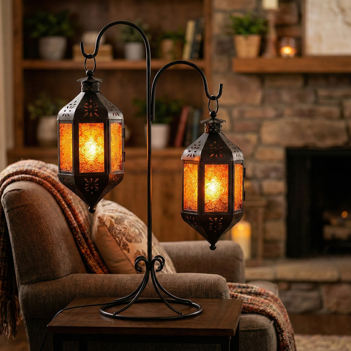 Moroccan Hanging Candle Lantern with Chain – Vintage Boho Style Iron & Glass Tealight Holder for Home, Patio, Garden, Wedding & Ramadan Decor (23.5" Overall)