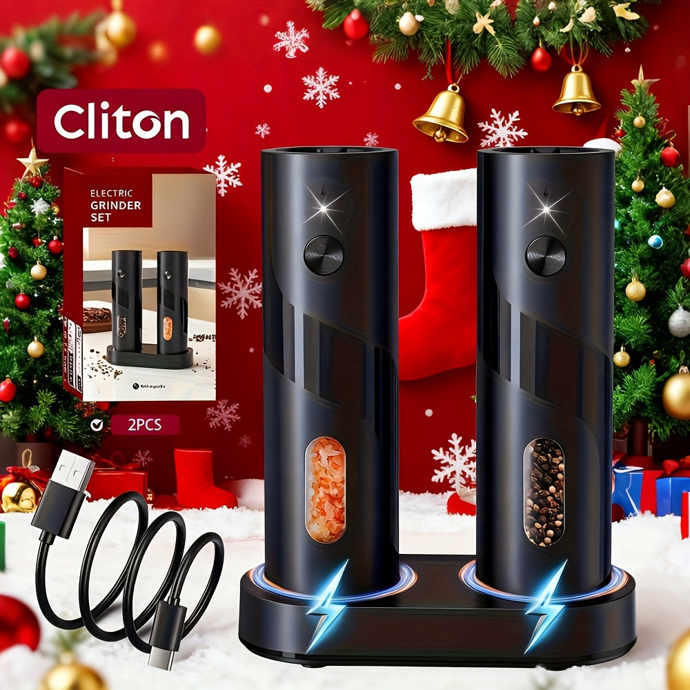 Electric Salt and Pepper Grinder Set 2-Piece USB Rechargeable with LED Light & Charging Base - One-Hand Automatic Salt Pepper Mill Shaker Set for Kitchen Cooking Dining Gift, Black/Green