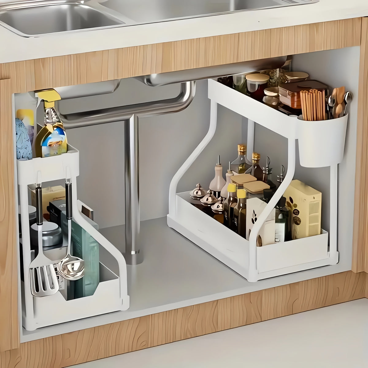 Under Sink Organizer with Sliding Shelves 2 Pack Multi-Purpose Plastic Cabinet Storage Basket for Bathroom Kitchen Black White Durable Construction