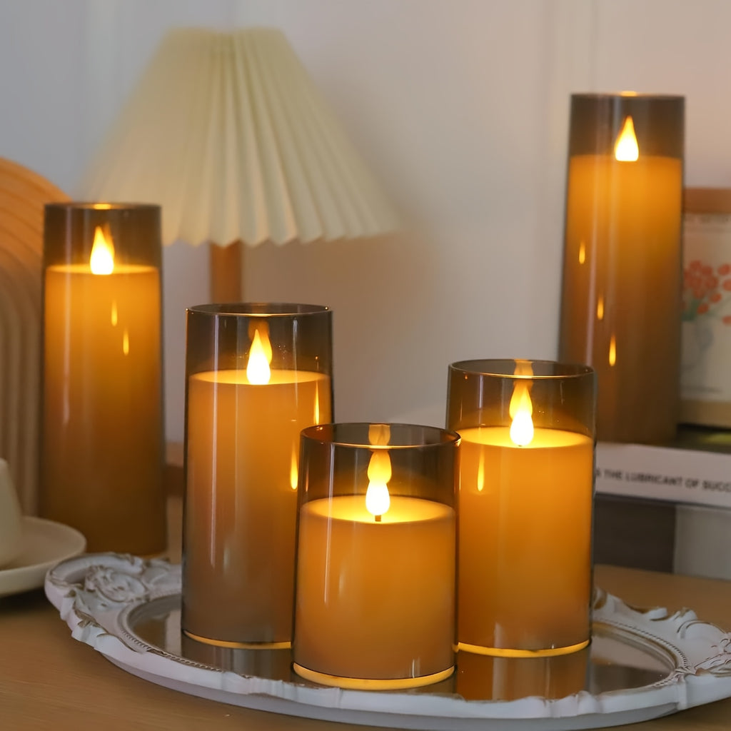 Flameless LED Pillar Candles Set of 5 with Remote Control & Timer, Battery Operated Flickering Candles, 3-Inch Diameter Organic Glass, 4" 5" 6" 8" Sizes - Ivory, Gray & Amber for Home & Halloween Decor