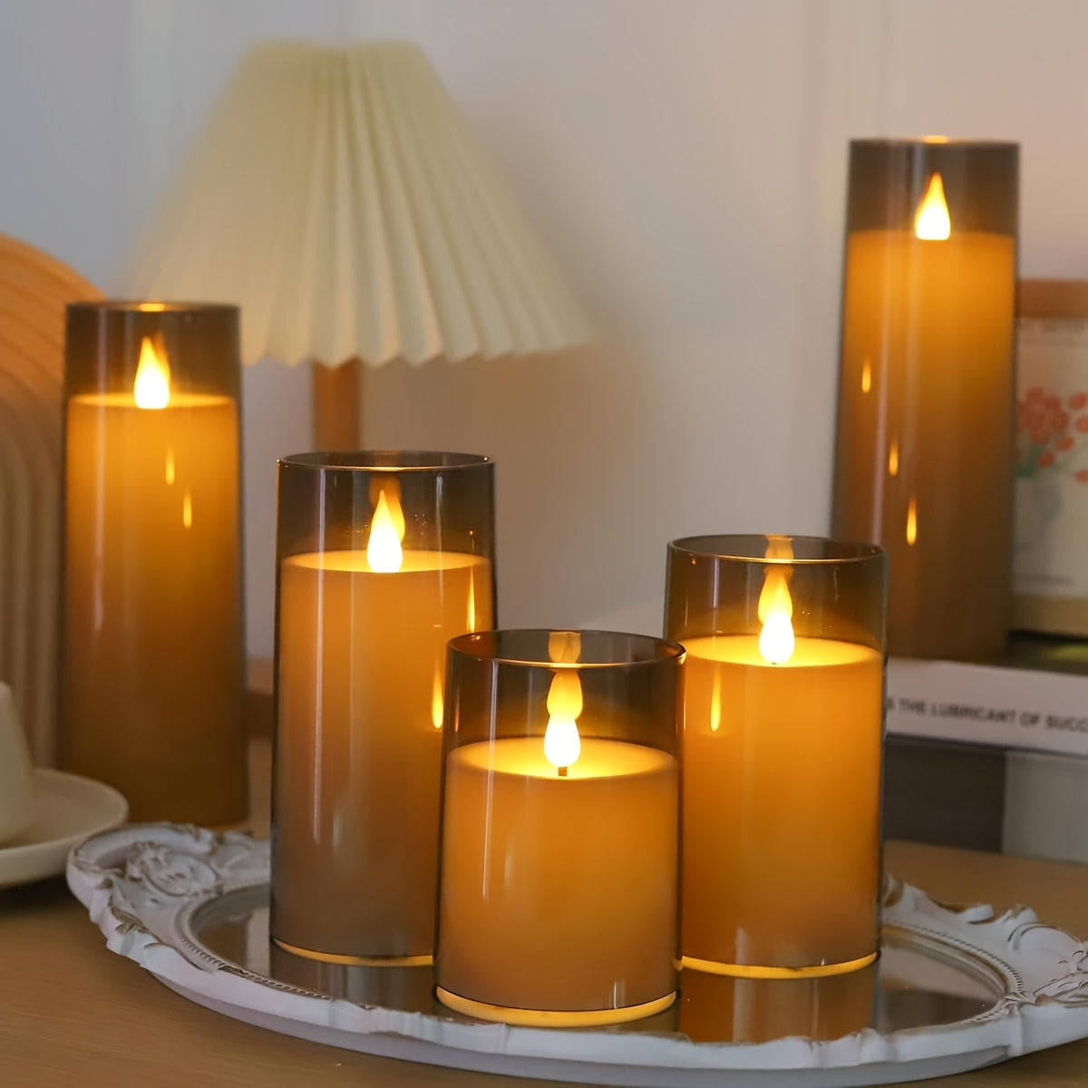 Flameless LED Pillar Candles Set of 5 with Remote Control & Timer, Battery Operated Flickering Candles, 3-Inch Diameter Organic Glass, 4" 5" 6" 8" Sizes - Ivory, Gray & Amber for Home & Halloween Decor
