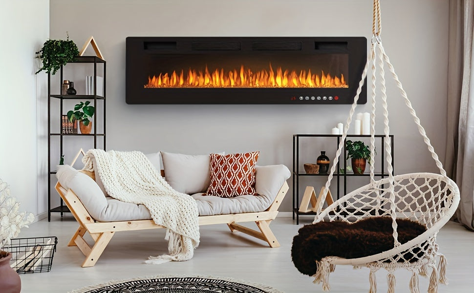 Vitesse Ultra-Thin Electric Fireplace In-Wall Recessed & Wall Mounted Linear Heater Multicolor Flame Timer 750W/1500W Touch Screen Remote Control