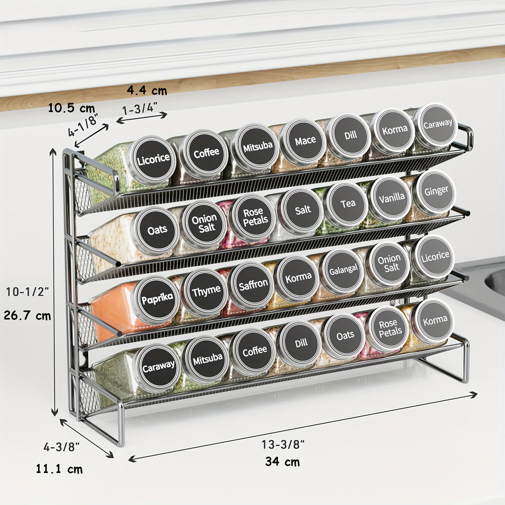 Spice Rack Organizer with 28 Jars, 386 Pre-Printed Labels, Chalk Marker & Funnel – Wall Mount or Countertop Cabinet Spice Storage for Kitchen Pantry – 13.4" W × 10.8" H, Black
