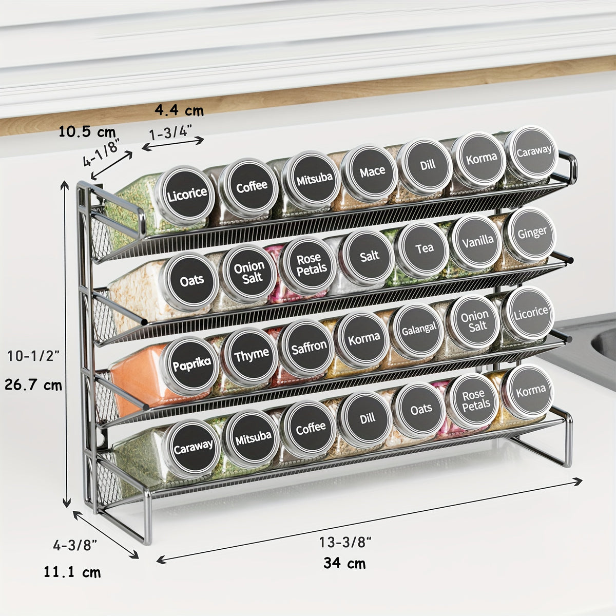 Spice Rack Organizer with 28 Jars, 386 Pre-Printed Labels, Chalk Marker & Funnel – Wall Mount or Countertop Cabinet Spice Storage for Kitchen Pantry – 13.4" W × 10.8" H, Black