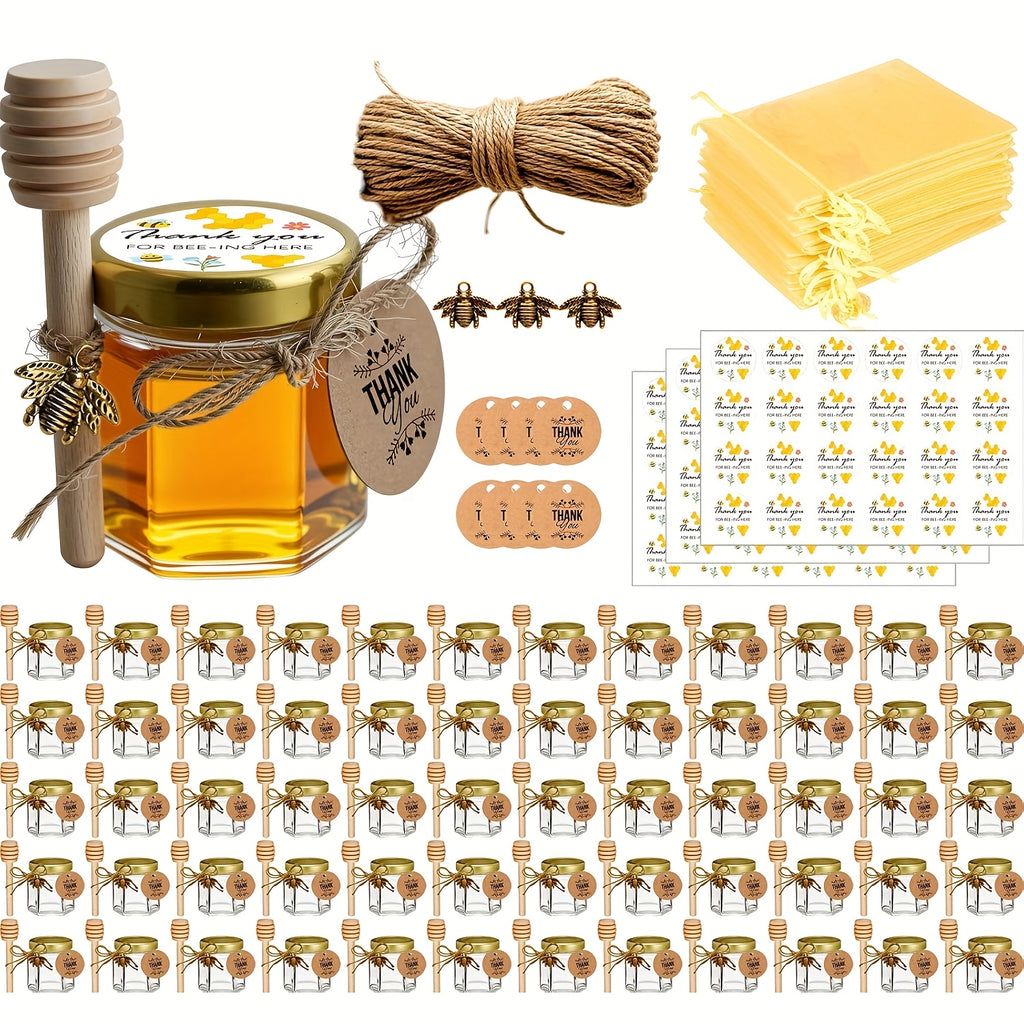 Mini Hexagon Honey Jar Favor Set – 1.5oz Glass Jars with Golden Lid, Bee Charm, Honey Dipper & Gift Tags | 20-60 Pcs | Wedding, Baby Shower & Party Favors