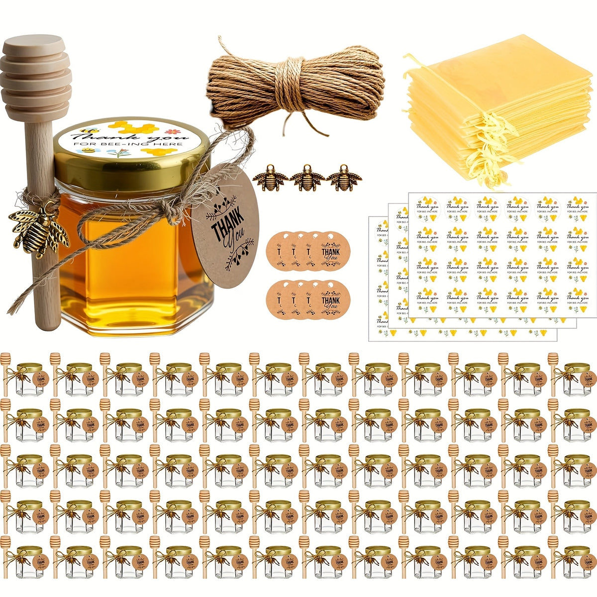 Mini Hexagon Honey Jar Favor Set – 1.5oz Glass Jars with Golden Lid, Bee Charm, Honey Dipper & Gift Tags | 20-60 Pcs | Wedding, Baby Shower & Party Favors