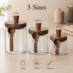 Airtight Glass Canisters Set of 3 with Spoon - Leak-Proof Kitchen Storage Jars for Coffee, Sugar, Flour & Tea, Round Glass Jars with Dark Brown Lids for Pantry & Countertop
