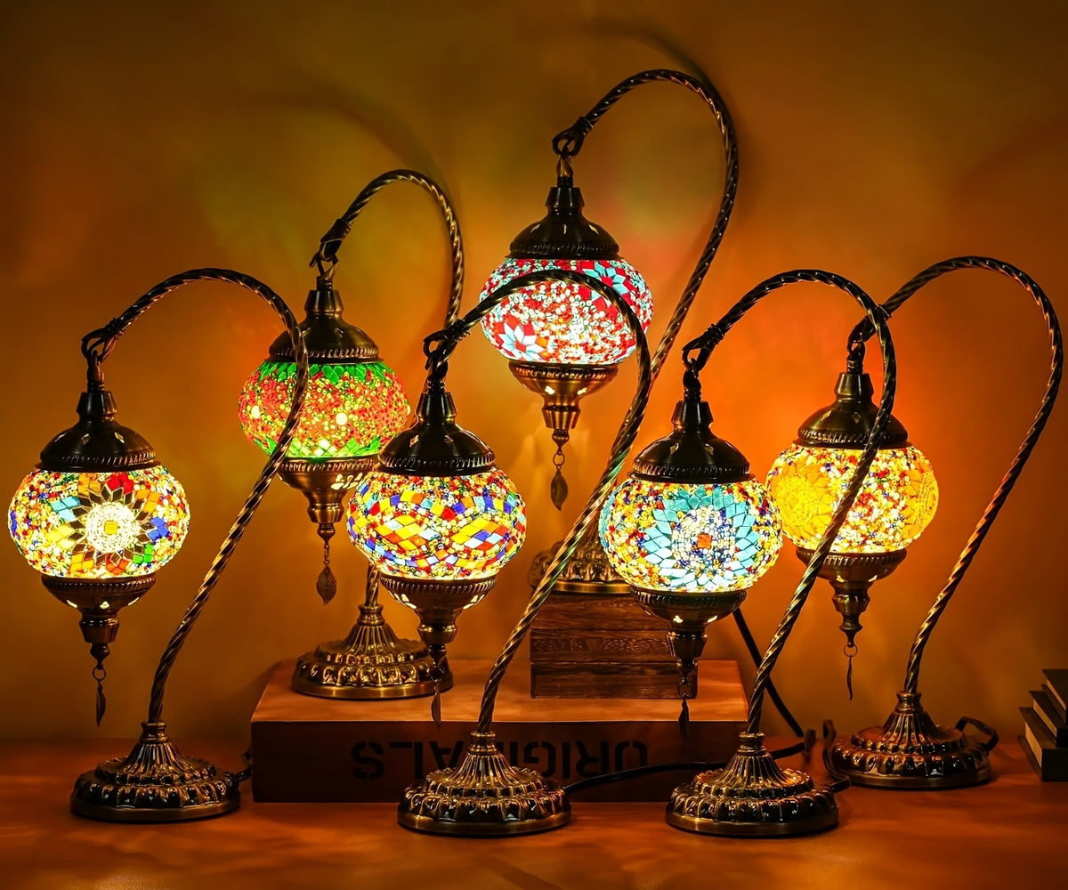 Turkish Mosaic Table Lamp Moroccan Style Handmade Swan Neck Mosaic Glass Bedside Lamp with Metal Base - 3 Color Modes Dimmable LED Bulb Included - Bedroom Living Room Decor Gift