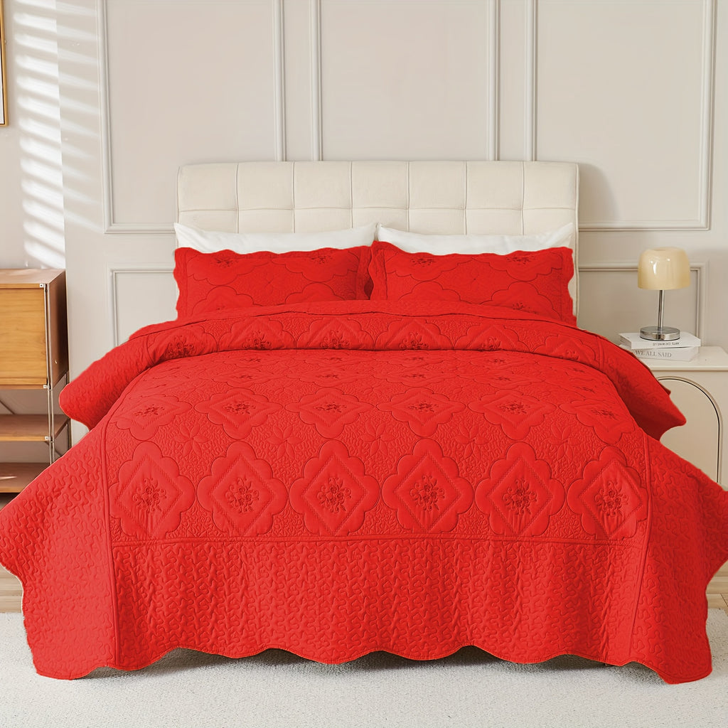 Quilted Embroidered Bedspread Set 3 Pcs – Floral Embroidery, 100% Polyester, Wrinkle-Resistant Lightweight Coverlet for Queen & King Bedroom Decor, 16 Colors