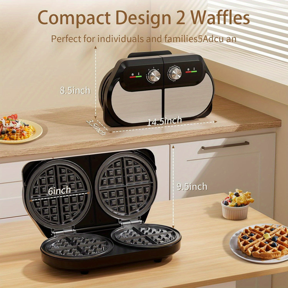 Double Belgian Waffle Maker 6-Inch 1400W – Stainless Steel with Nonstick Plates, Adjustable Temperature & Cool-Touch Handles