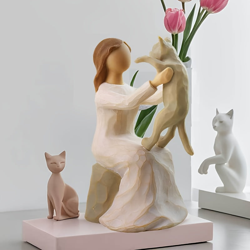 Hand-Painted Girl & Cat Resin Statue – Collectible Kitten Companion Figurine | Thoughtful Memorial Gift for Cat Lovers, Mom & Cat Ladies | Decorative Sculpture for Home, Shelf & Desktop