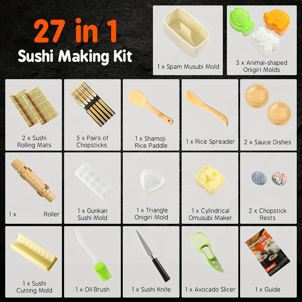 Sushi Making Kit for Beginners with Bamboo Rolling Mats, Sushi Bazooka, Onigiri Mold, Rice Paddle & Chopsticks - Complete DIY Sushi Roll Maker Set, Fun Kitchen Gift