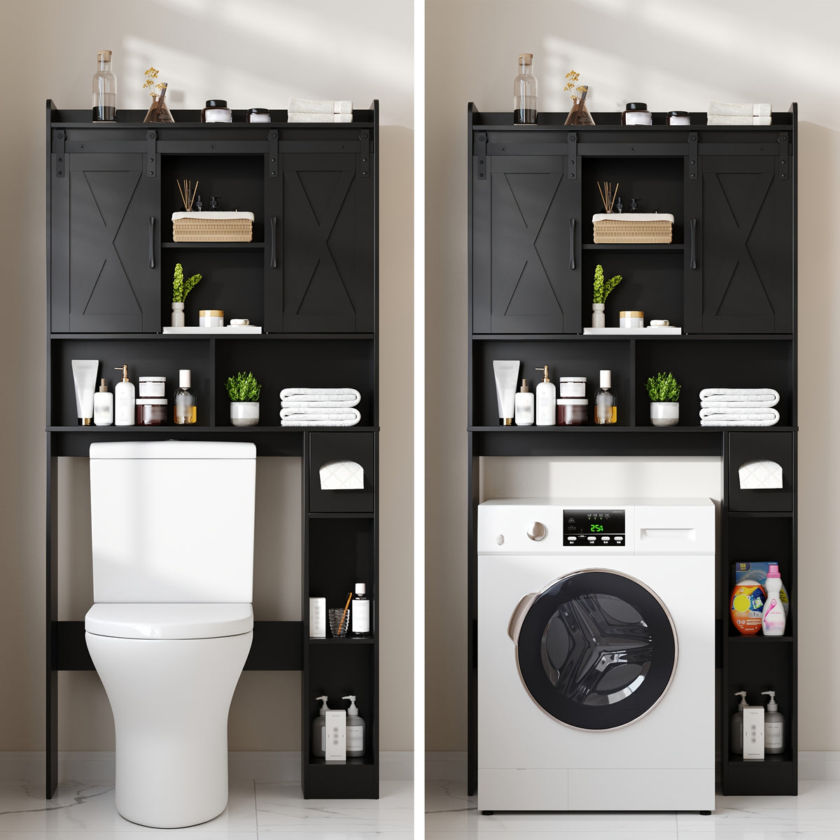 Farmhouse Over Toilet Cabinet with Sliding Doors Engineered Wood Adjustable Shelf Toilet Paper Holder Stand Space Saving Bathroom Storage No Wall Mount Multiple Colors