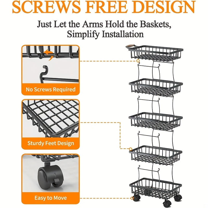 Fruit and Vegetable Basket Storage Cart with Wheels 4-Tier & 5-Tier Stackable Metal Rolling Produce Rack for Kitchen Pantry Bathroom Corner