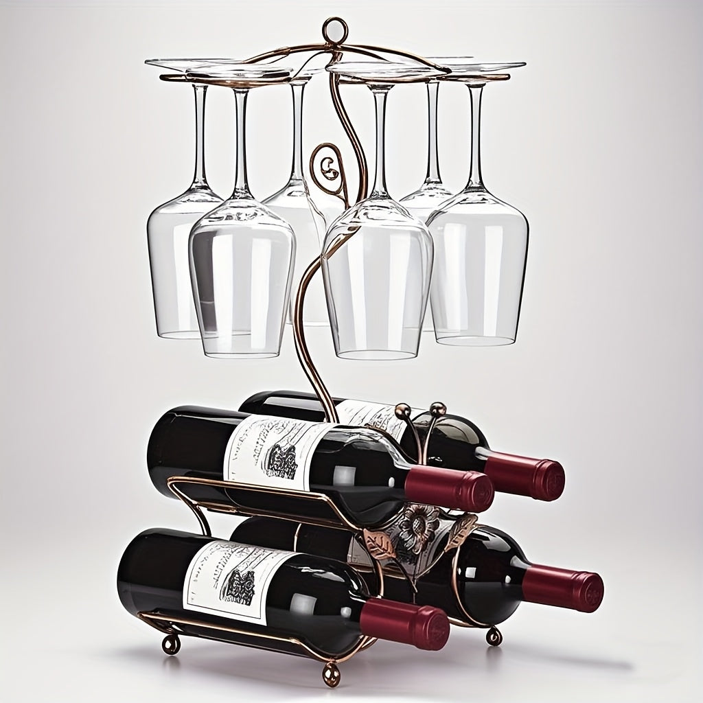 Countertop Wine Rack with Wine Glass Holder Holds 4 Bottles and 6 Glasses Iron Retro Bar Organizer for Kitchen Home Bar Pantry Dining Room
