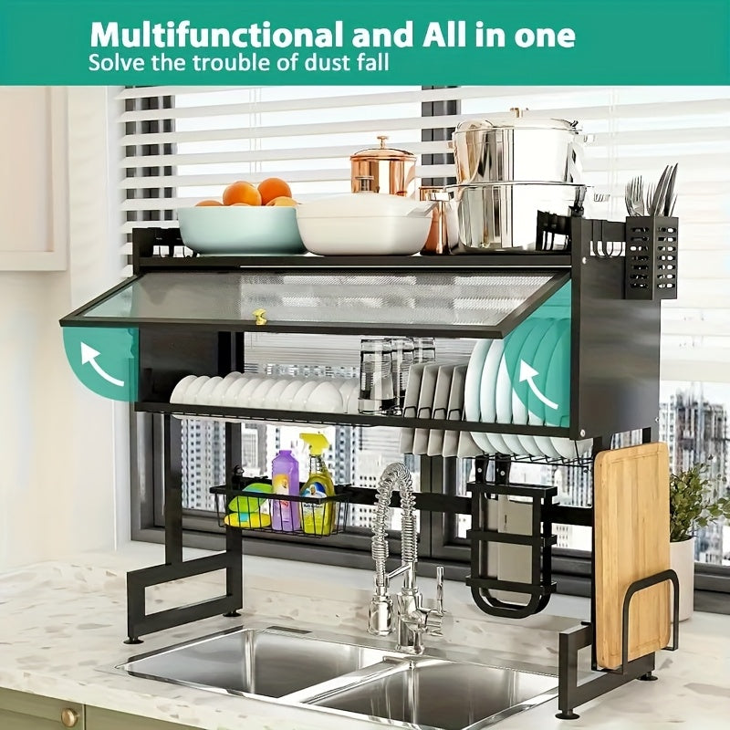 Multi-Tier Dish Rack with Dust-Proof Cover – Black Kitchen Countertop Drying Rack for Dishes, Drain Rack for Kitchen Sink, Space-Saving Utensil Storage Organizer for Household Kitchen