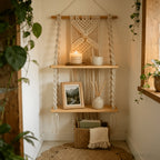 Bohemian Hand-Woven Wooden Wall Rack – Decorative Floating Shelf for Bedroom & Bathroom, Boho Wall Decor Storage Organizer