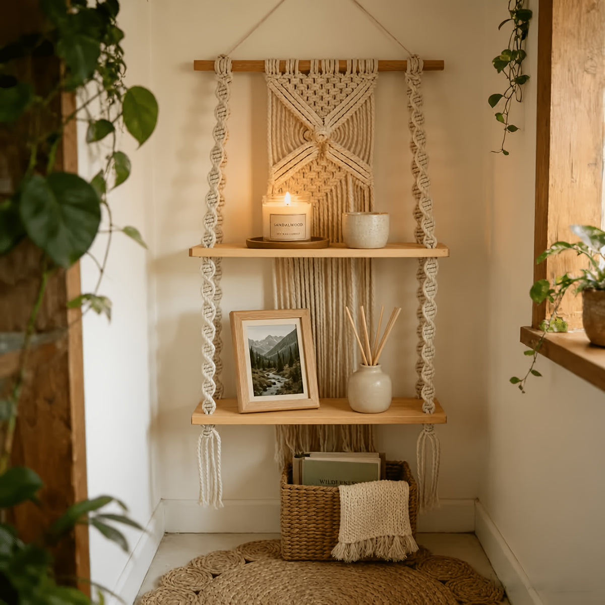 Bohemian Hand-Woven Wooden Wall Rack – Decorative Floating Shelf for Bedroom & Bathroom, Boho Wall Decor Storage Organizer