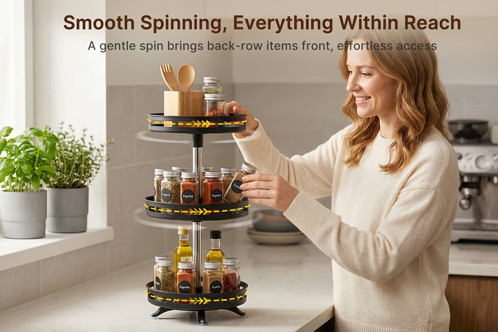 3 Tier Rotating Spice Rack Organizer Metal Turntable for Kitchen Countertop - Spinning Spice Jar Seasoning Storage Rack Black